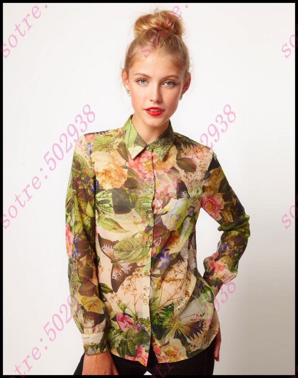 Retro Floral Painted Lapel Cuffion Blouse 2013 Europe Style/ Chic Ladies Shirt Freeshipping