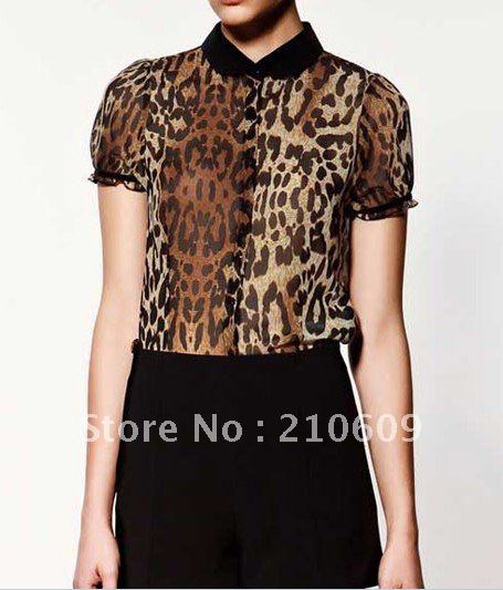 Retro lapel leopard chiffon lady shirt