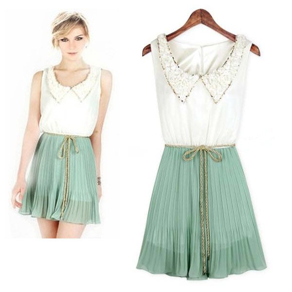 Retro peter pan embroidered collar green pleated skirt tied women dress S-XL size/Free shipping women vintage dress/DT044