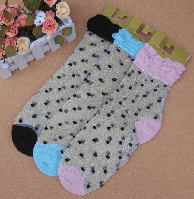 Retro Transparent  Breathable Women's Silk Socks With Dot Pattern,Ladies Lace Hem Cotton Soxs,Free Shipping