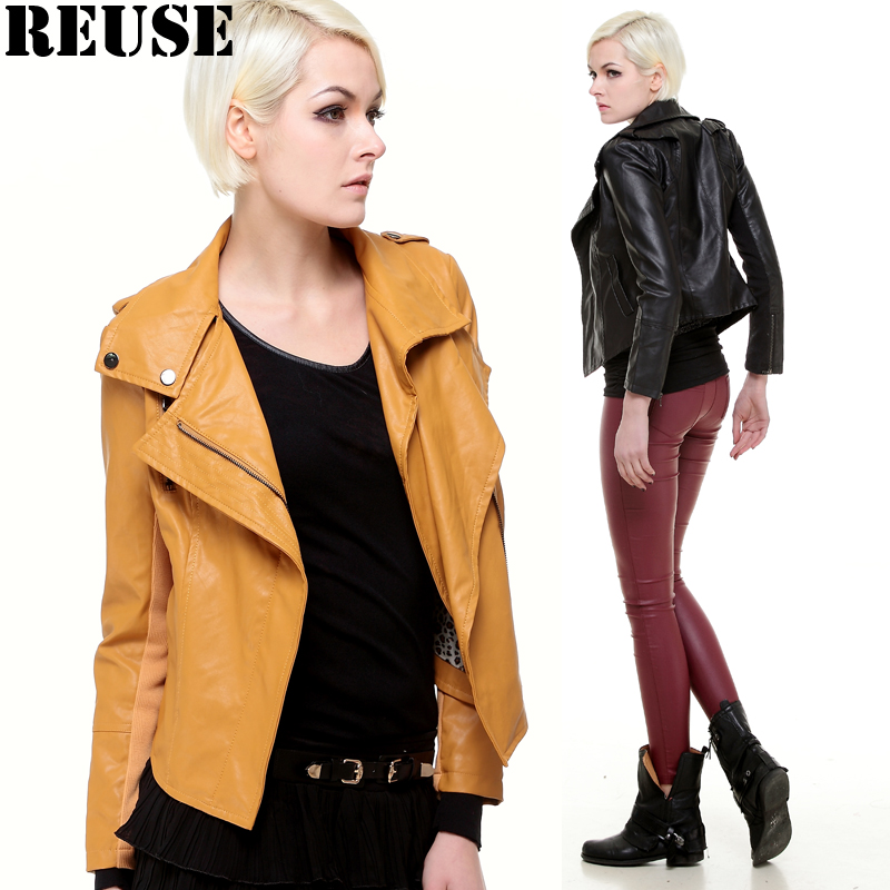 Reuse 2013 spring double turn-down collar motorcycle short design female PU clothing jacket outerwear sy2103