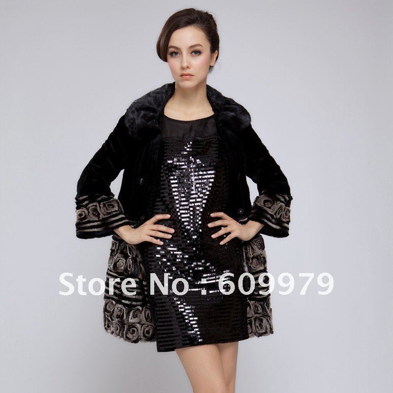 Rex Rabbit Fur Long Sleeve Women Coat with Rex Rabbit Fur Collar FRR0109 Size of M, L, XL,XXL