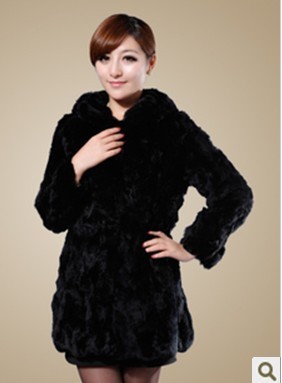 Rex rabbit hair fur coat genuine leather fur female medium-long hooded rabbit fur outerwear free shipping