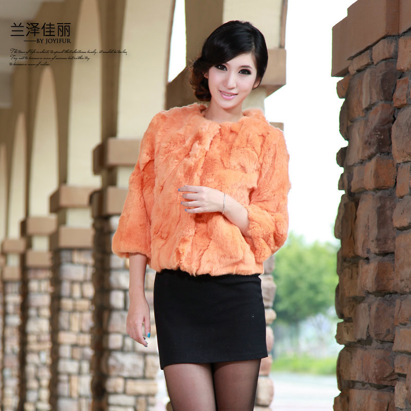 Rex rabbit hair fur coat o-neck three quarter sleeve short design overcoat