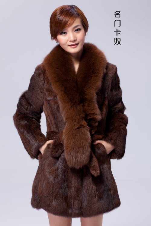 Rex rabbit hair long design trench fox fur overcoat tiebelt leather coat 2012 Women