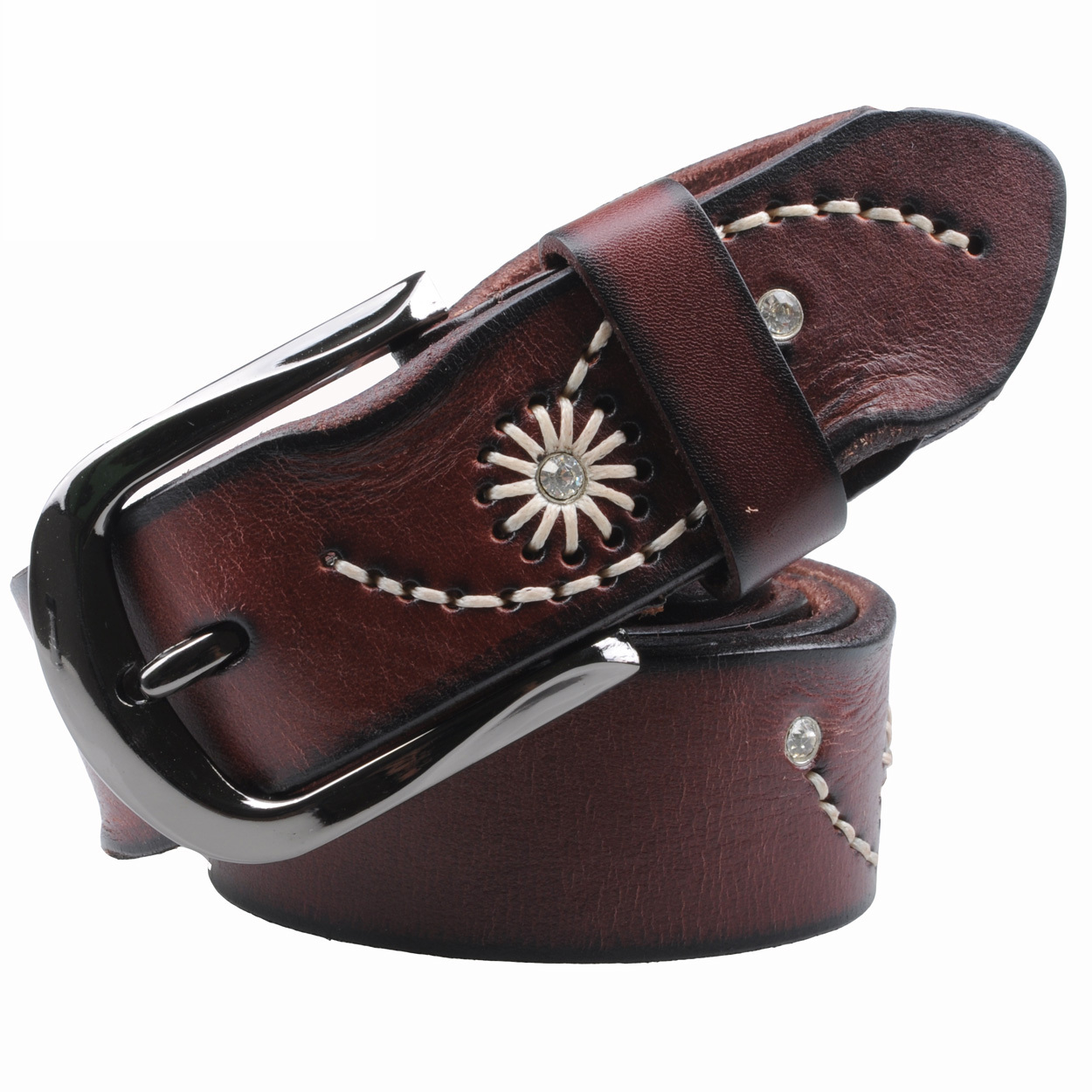 Rhinestone belt genuine leather strap women's fashion cowhide casual pants with red belt