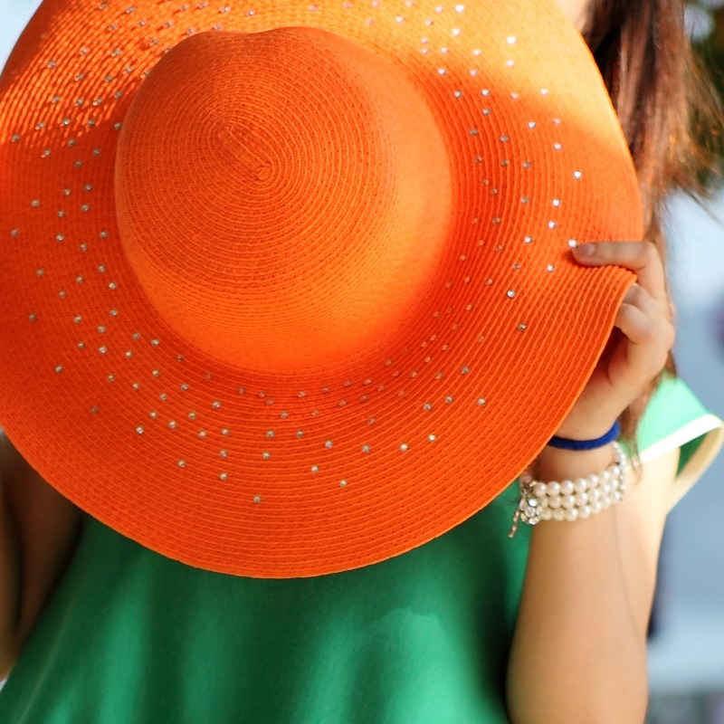 Rhinestone decoration big hat brim summer women's wave big cap beach hat orange sun-shading strawhat