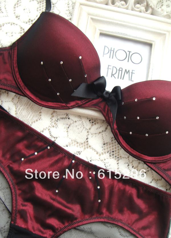 Rhinestone luxury vintage royal gauze satin patchwork claretred bra set