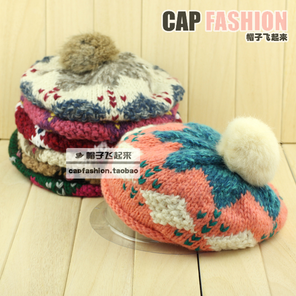 Rhombus pattern knitted hat knitting wool cap rabbit fur ball knitted winter beret hat