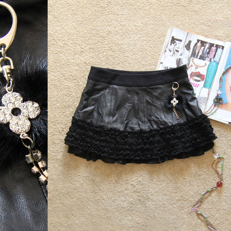 Riaixion sweep beading ruffle hem sparkling diamond youoccasionally chain hoist slim genuine leather bust skirt