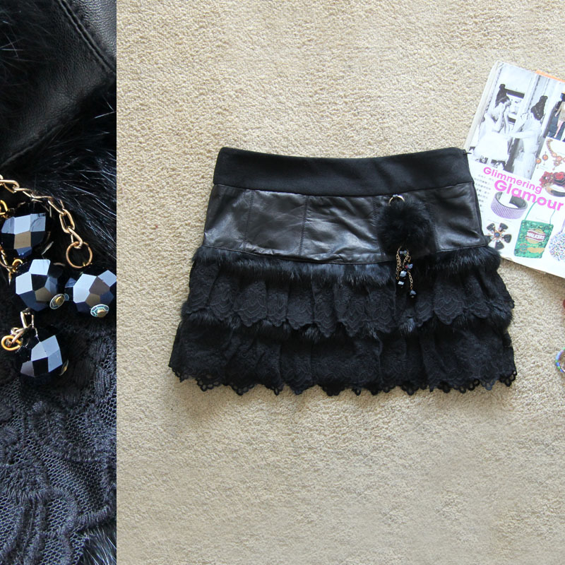 Riaixion youoccasionally lace embroidered real fur chain hoist decoration genuine leather bust skirt - 50