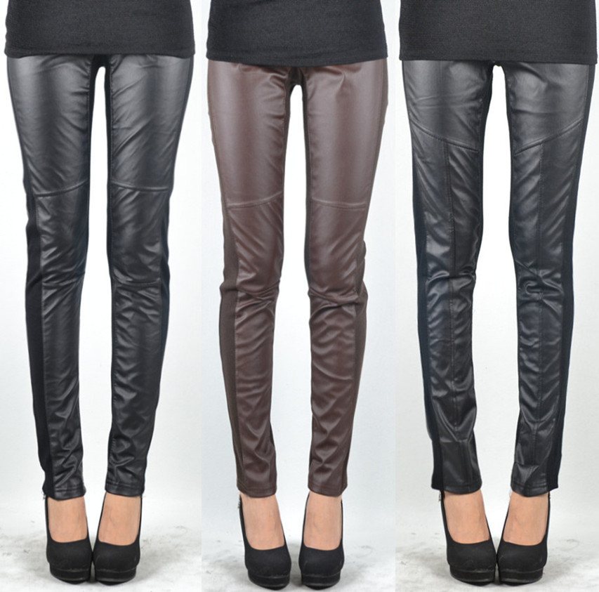 Rib knitting patchwork legging autumn and winter fashion leather pants pencil pants female PU female patchwork legging