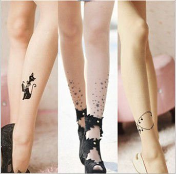 Right ankle flocking false tattoo the kitten sexy show thin silk stockings tights