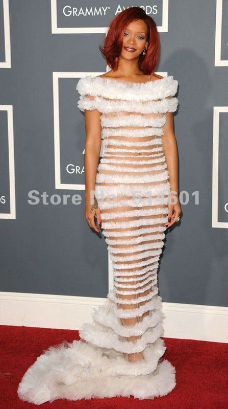 Rihanna Grammys Mermaid Trailer Floor-Length Gown and Ruffle Organza Celebrity Dress