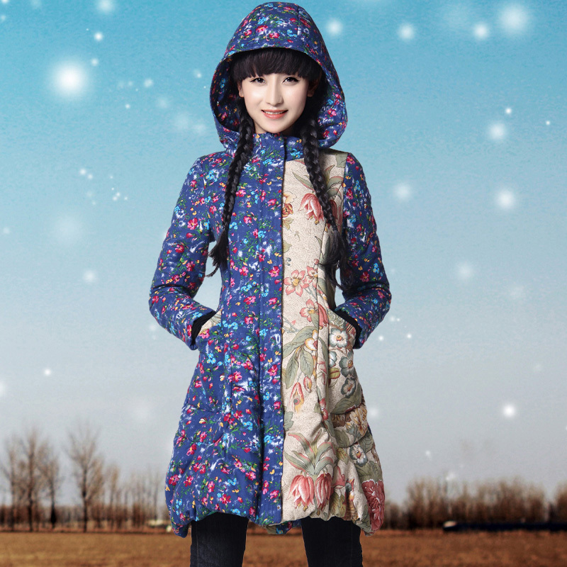 RIP cotton prints patchwork long design cotton-padded jacket outerwear overcoat 24180060