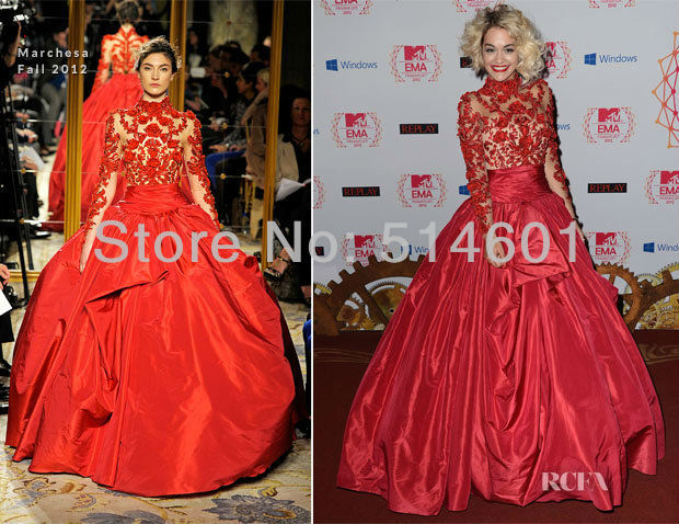 Rita Ora on 2012 MTV Europe Music Awards High Neck Taffeta Lace Red Celebrity Dress Formal Gown