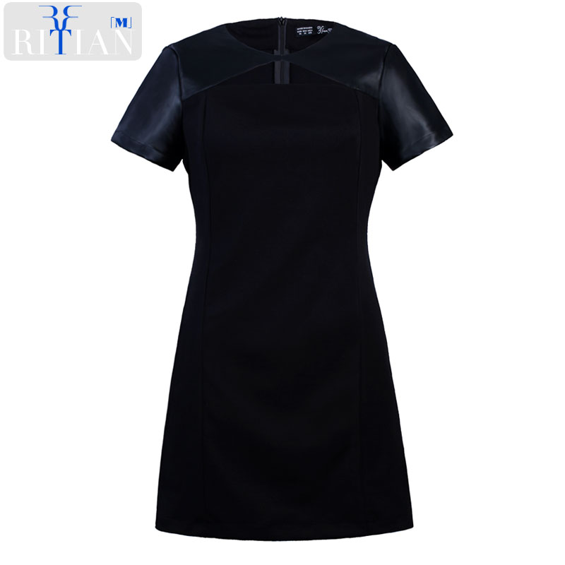 Ritian d fashion star leather sheepskin slim short-sleeve dress black