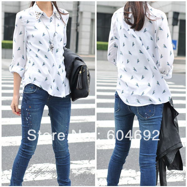 Rivet Parrot printing Long Sleeve Shirts Collar Lapel Perspective Cotton Blouses   CY0323