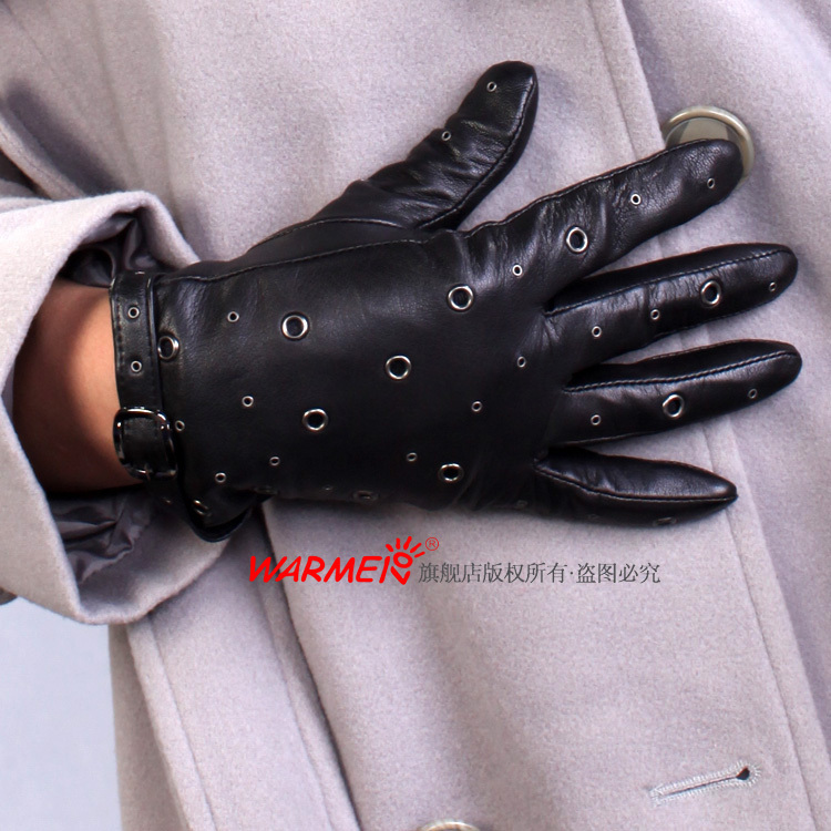 Rivets hasp women's genuine leather punk sheepskin gloves l058nn