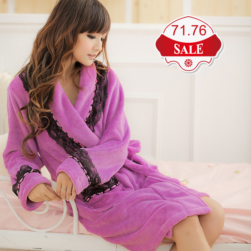 Robe 2012 autumn and winter coral fleece robe black lace decoration pocket sexy women's lounge