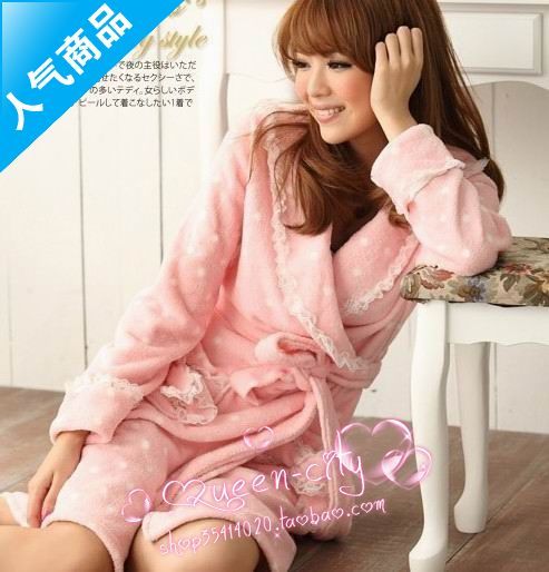 Robe long-sleeve female coral fleece autumn and winter 100% cotton bathrobes thickening lace polka dot