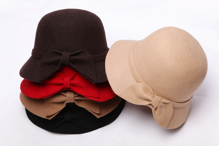 Roll-up hem cap bow dome woolen cap billycan fedoras female hat