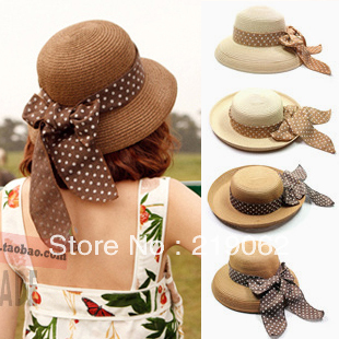 Roll-up hem dome cap small fedoras polka dot ribbon bow strawhat beach cap sunbonnet female summer