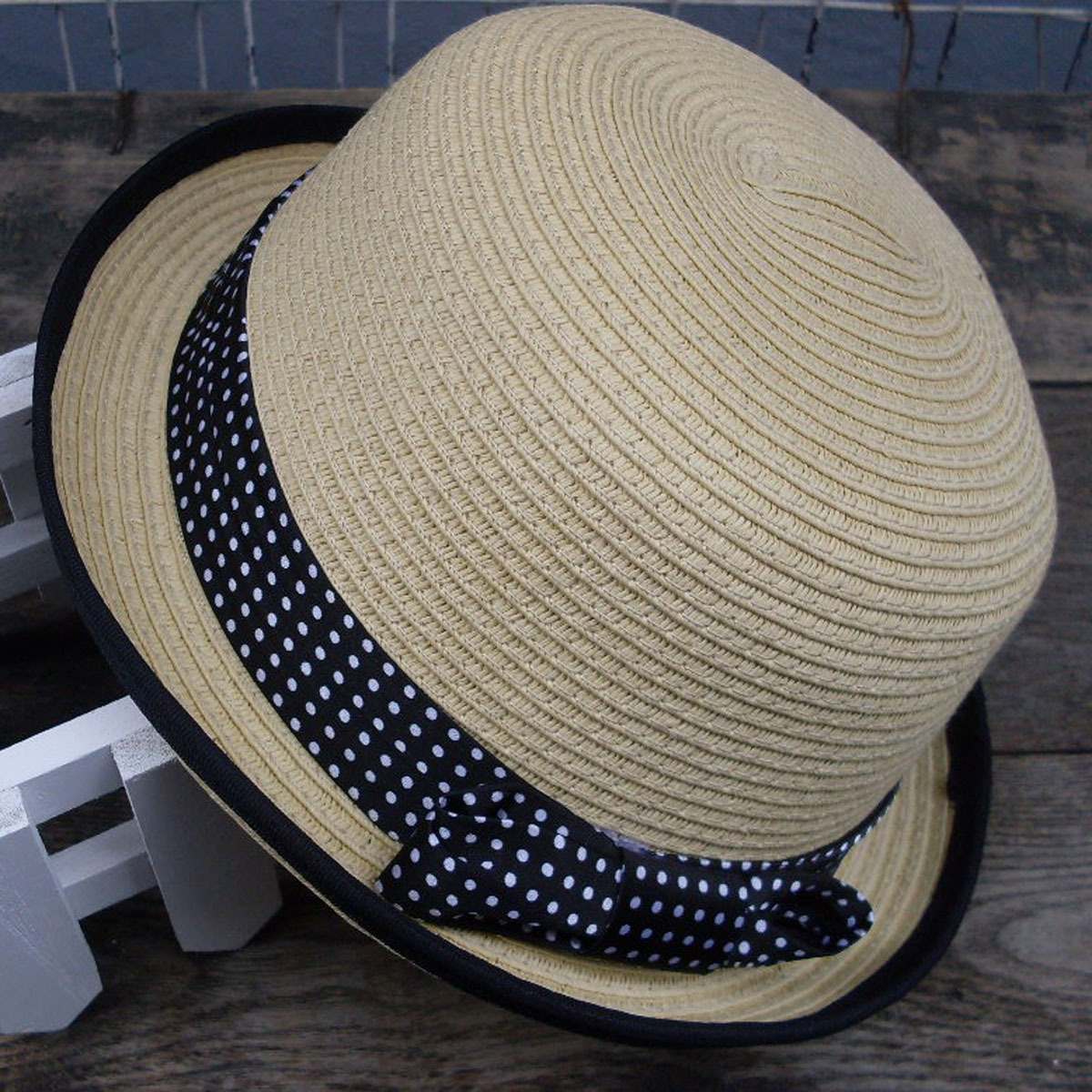 Roll-up hem dot bow strawhat summer sunbonnet women's sun hat fashion hat