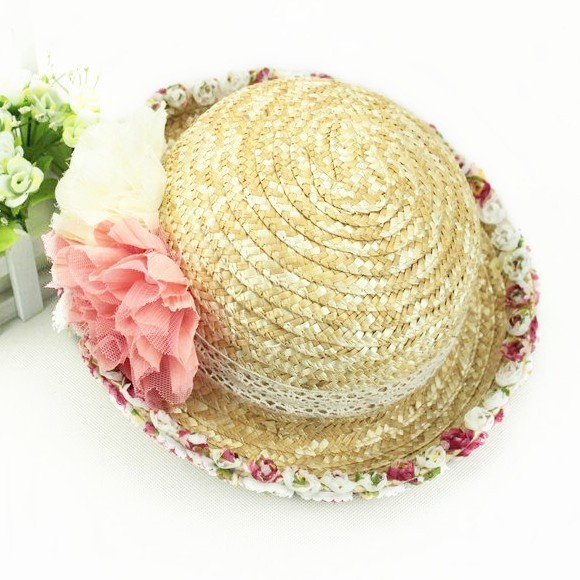 Roll-up hem flower strawhat small women's fedoras rod beach cap sweet casual hat sun-shading