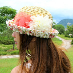 Roll-up hem lace flower strawhat ccia female dome fedoras beach straw braid hat