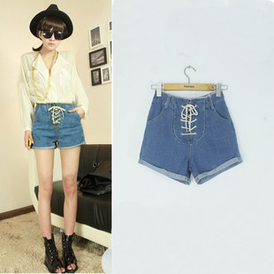 Roll-up hem straps denim high waist denim shorts 37a893 high quality