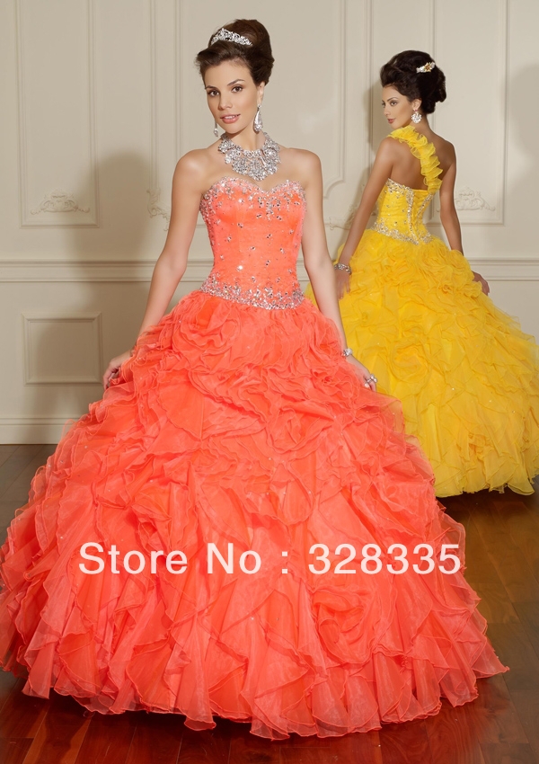 Romantic 2013 Quinceanera Dresses Sweetheart Floor length Organza Ruffles Orange Prom Dresses New