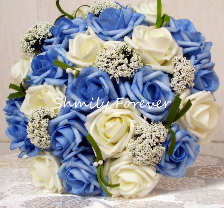 romantic 26cm width ivory and blue popular hot selling wedding bouquet bridal throw bouquet bridesmaid