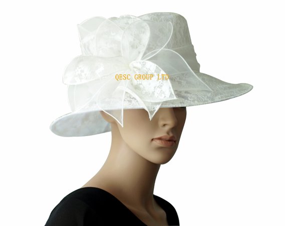 Romantic Ivory Bridal lace Organza Hat with leaf flowers for Wedding Garden Party races church