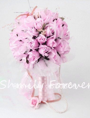 Romantic Pink Silk Artificial Flower with Pearl Wedding Bridal Bouquet for Wedding