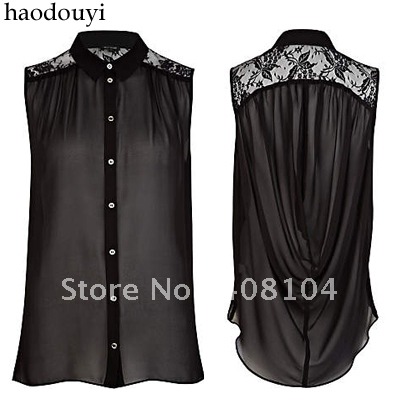 Romantic pleated lace patchwork sleeveless shirt back pleated black 6 full