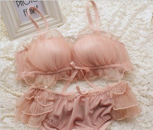 Romantic ruffle chiffon gauze sexy lace gentlewomen push up tube top underwear bra set