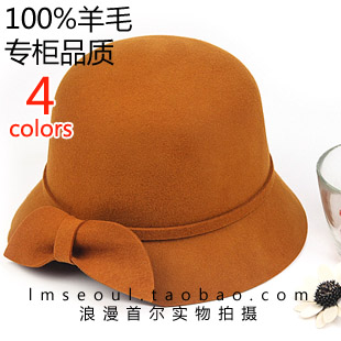 Romantic seoul autumn and winter pure woolen british style dome hat fedoras female after the bow
