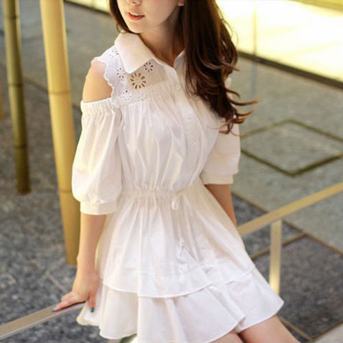 Romantic White off Shoulder Drawstring Mini Dress/Top/Blouse 0135#
