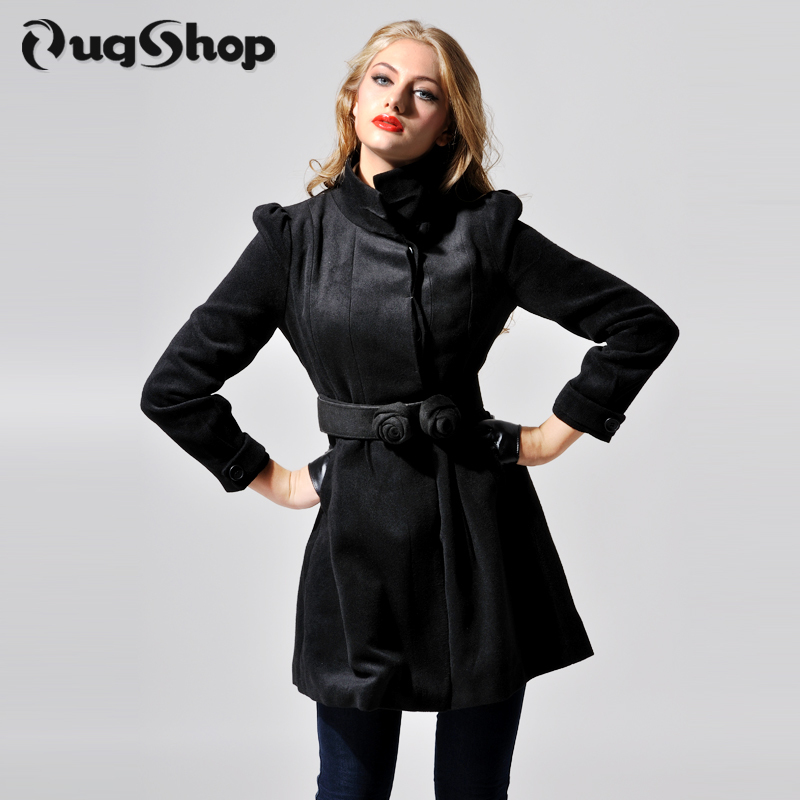 Rose belt puff sleeve stand collar woolen overcoat outerwear