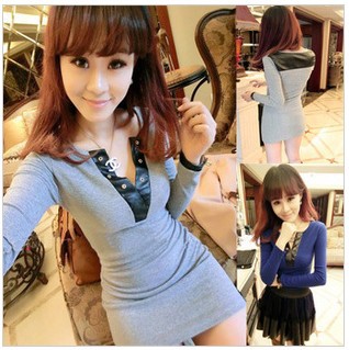 Rose fashion knitted cotton faux leather patchwork V-neck medium-long solid color basic t-shirt