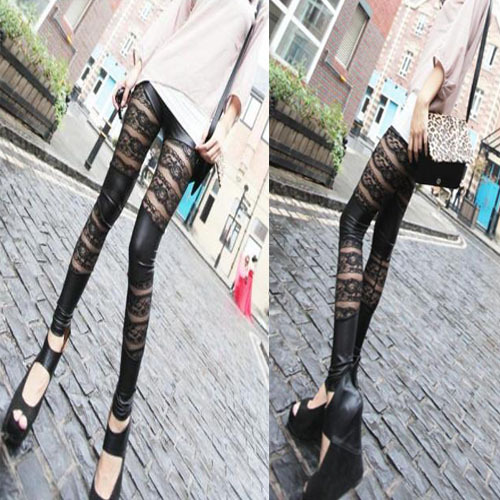 Rose personality high quality lace faux leather horizontal stripe double ankle length legging female 2012