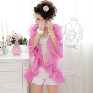 Rose pink big lotus leaf turn-down collar thin women's cape outerwear