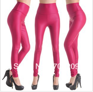 rose red Sexy High waist trousers Render Women's Leggings pants Imitation leather pant