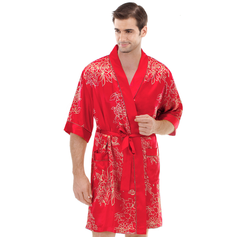 Rose spring and autumn faux silk married male short-sleeve robe elegant noble lovers lounge 9074