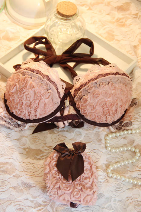 Rose sweet front button bra set sexy halter-neck romantic three-dimensional flower underwear set