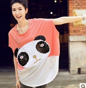 Round neck Sequin panda short sleeve T-shirt