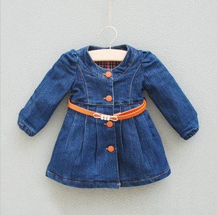 round reck long sleeves kid's demin jacket with a leather belt for spring and autumn 6pieces/lot