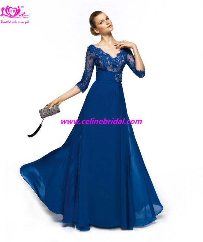 royal blue chiffon long appliques lace formal fashion sleeves party evening dresses 2013 new