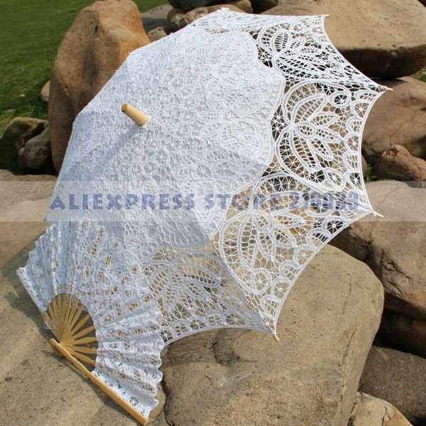Royal Vintage Battenberg Lace Parasol Sun Umbrella & Fan in White Handmade for Wedding Free Shipping High Quality New Arrival
